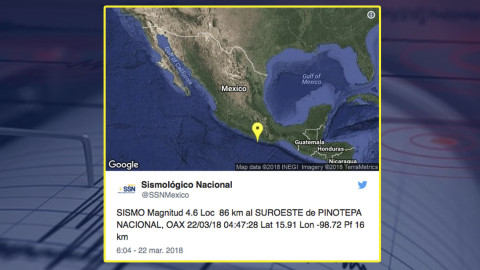 Se registra sismo de magnitud 4.6 en Pinotepa Nacional, Oaxaca 