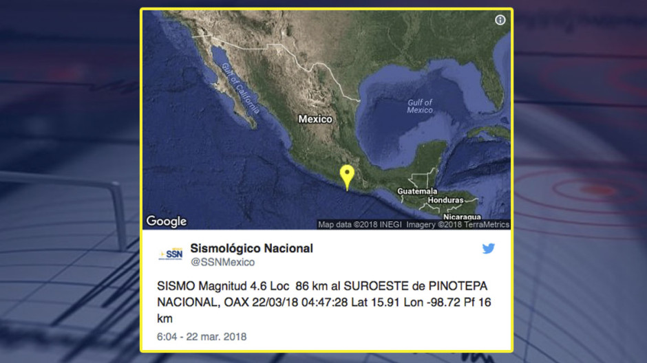 Se registra sismo de magnitud 4.6 en Pinotepa Nacional, Oaxaca 