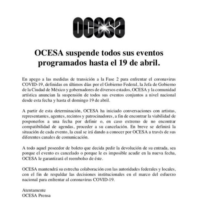 OCESA anuncia suspensión de eventos programados hasta el 19 de abril 