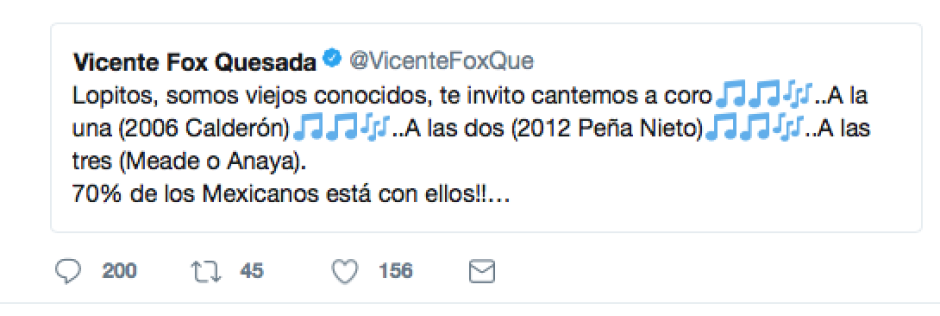 Fox se burla de AMLO en Twitter
