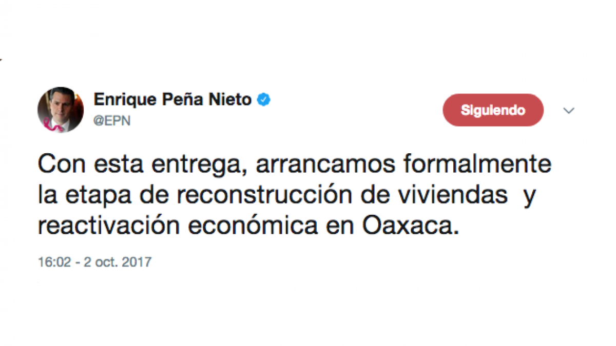 Inicia EPN etapa de reconstrucción en Oaxaca