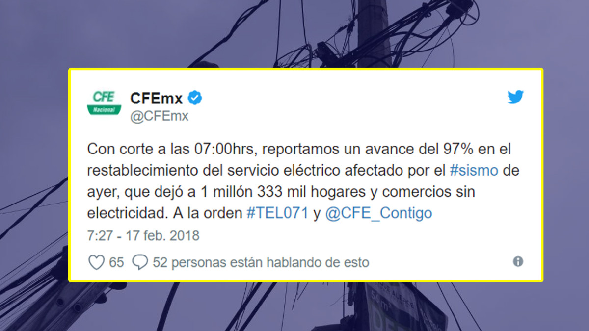 Restabecen 97% del servicio eléctrico tras sismo en Oaxaca