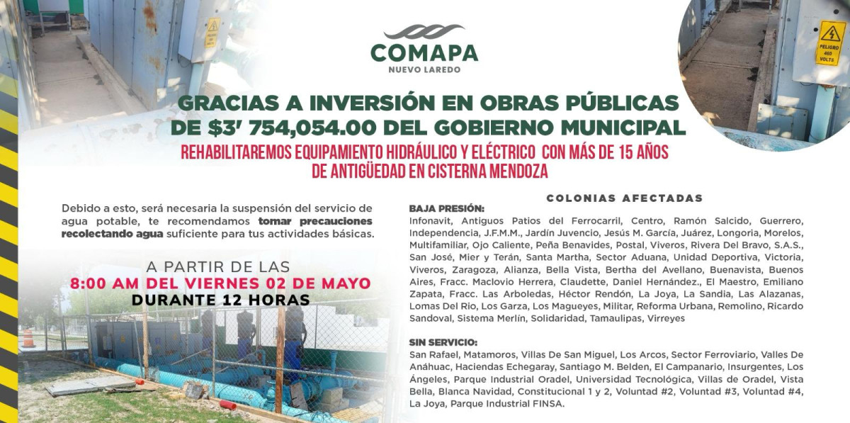 Rehabilitará COMAPA equipos hidráulicos y eléctricos en Cisterna Mendoza