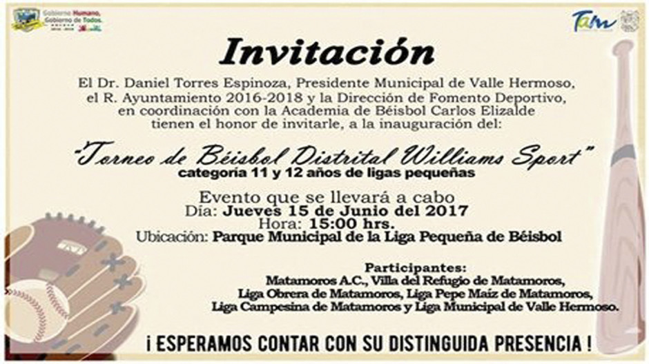 Invitan a "Torneo de Béisbol Distrital Williams Sport"