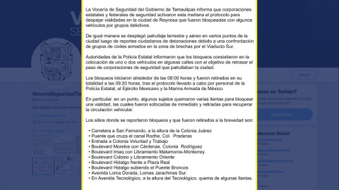 Autoridades aplican protocolo y retiran bloqueos en Reynosa