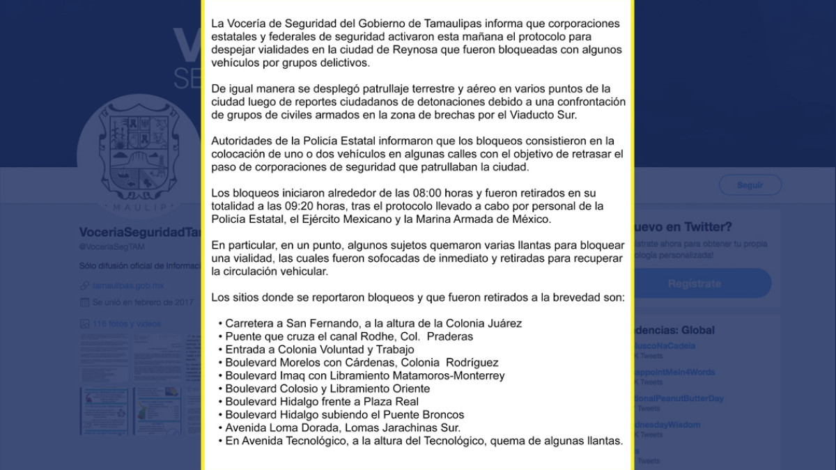 Autoridades aplican protocolo y retiran bloqueos en Reynosa