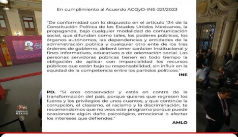 AMLO acata orden del INE y proyectan cortinilla del INE antes de mañanera