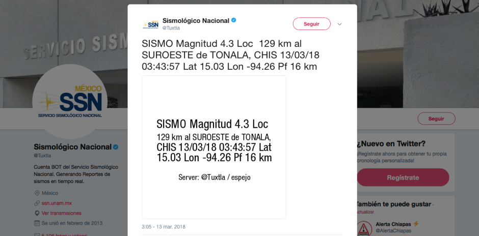 Se registra sismo de magnitud 4.3 en Tonalá, Chiapas