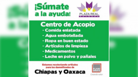 Instala Plaza Real centro de acopio para damnificados 
