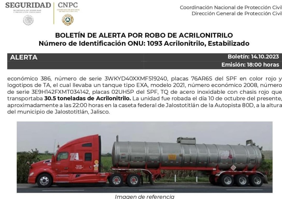 Alertan por robo de trailer con sustancia toxica