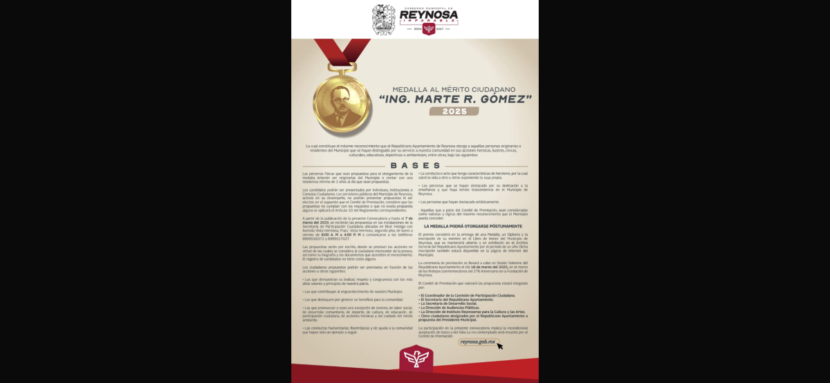 Reconocerá Gobierno de Reynosa con Medalla al Mérito Ciudadano ‘Ing. Marte R. Gómez’ 2025 a personaje distinguido