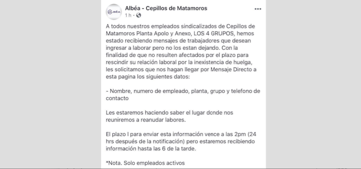 Cepillos de Matamoros convoca a sus trabajadores a labores