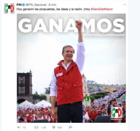 Tuitea PRI triunfo, lo borra y vuelve a declararse ganador