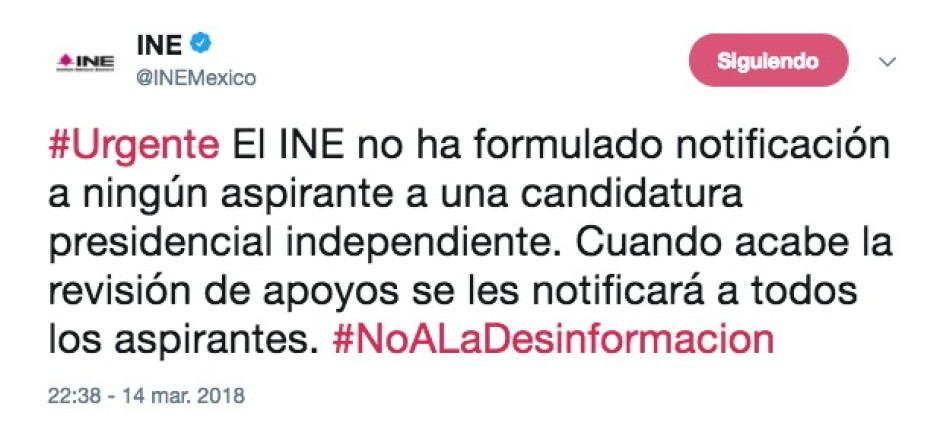 Desmiente INE notificación a independientes