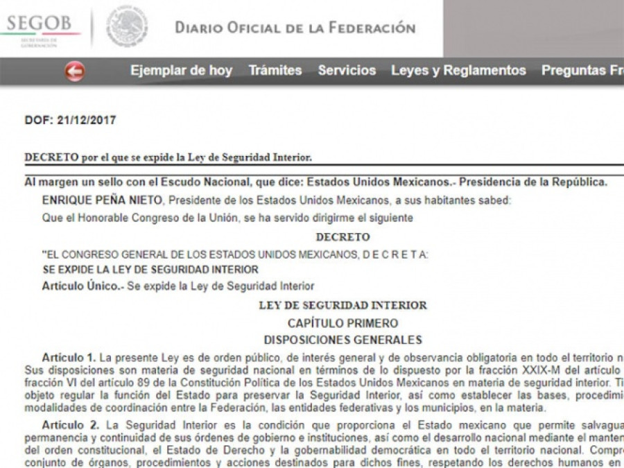 Publican decreto de Ley de Seguridad Interior