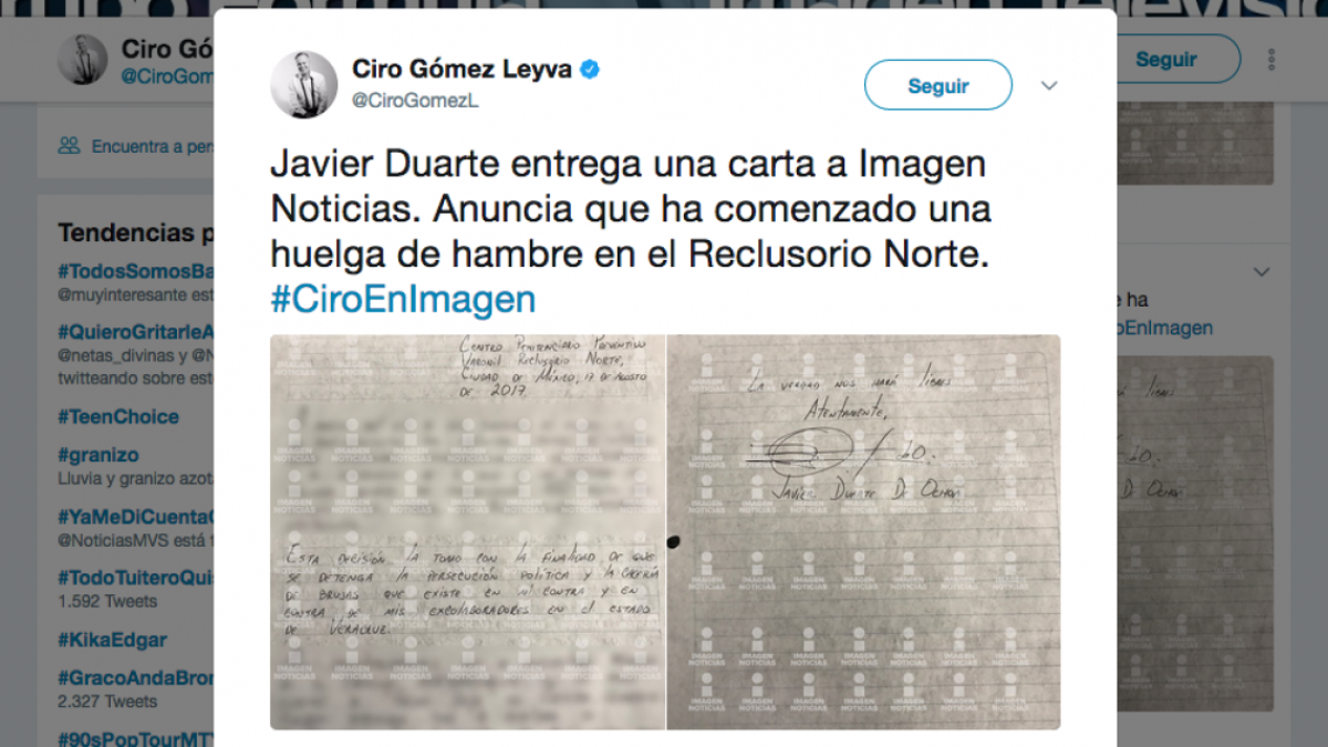 Inicia Javier Duarte huelga de hambre